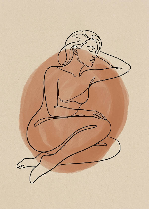 Minimalistisk line art som föreställer en lugnande abstrakt figur i svart på vit bakgrund, i porträttformat.