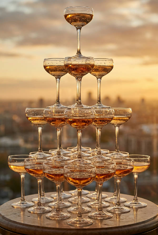 Fotorealistiskt porträtt av torn med champagneglas i svartvitt med skarpa kontraster