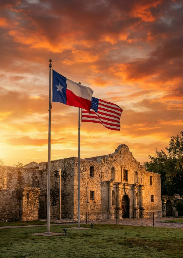 Hyperrealistisk vy över Alamo vid soluppgången med både Texas och amerikanska flaggan vajande, varmt ljus badar det historiska uppdraget