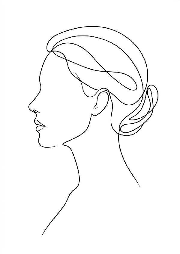Minimalistisk svart linjekonst som visar profil av ett kvinnoansikte mot en ren vit bakgrund i stående format.