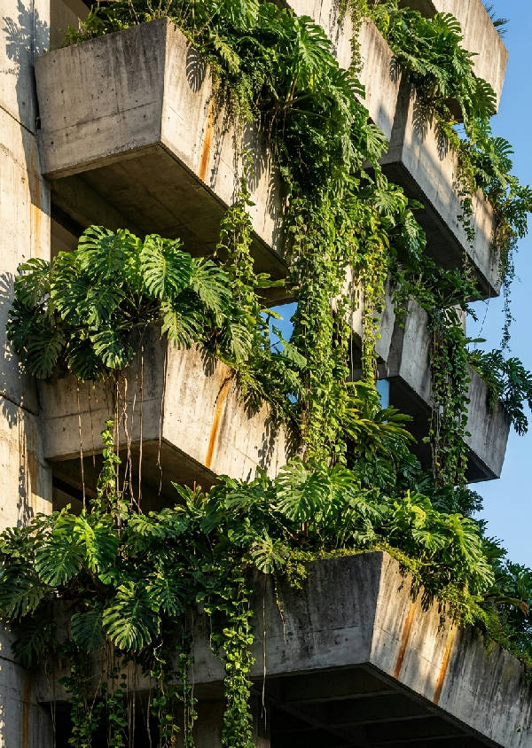 Närbild på en brutalistisk betongbyggnad med balkonger täckta av frodiga monstera och slingrande rankor i hårt solljus, porträttformat.