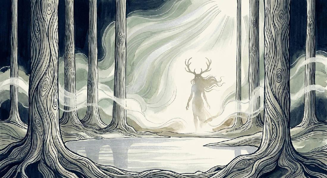 Eterisk illustration av en djup nordisk skog med höga stiliserade gamla tallar, en stilla silverdamm och en mytologisk skogsande i silhuett. Mjukt glödande månsken filtrerar genom tung dimma.