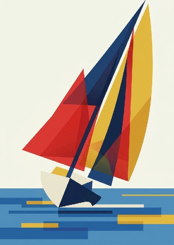 Bauhaus-inspirerad geometrisk vektorgrafik av en segelbåt med röda, blå, gula och vita trianglar