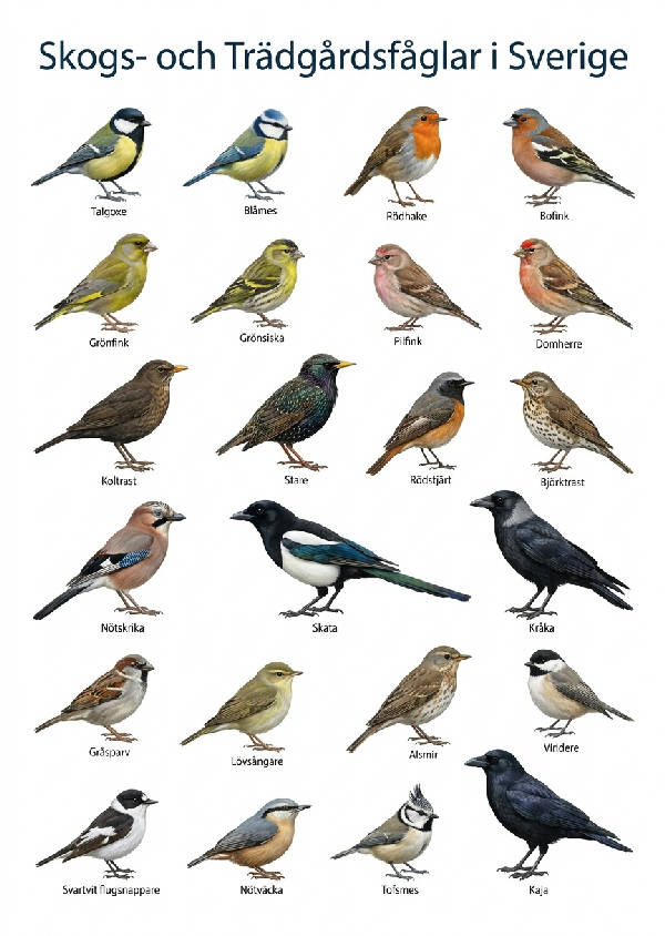 Zoologisk illustration av över 22 vanliga svenska skogs- och trädgårdsfåglar på en vit bakgrund, med fåglarnas svenska namn under varje art.