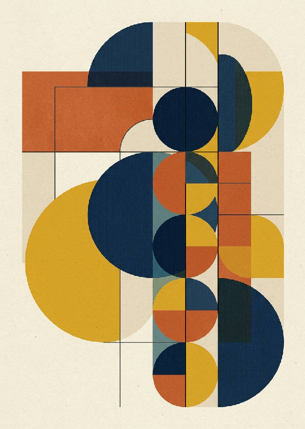 Abstrakt geometrisk konst med svarta och vita former i Bauhaus-stil, vertikalt orienterad.