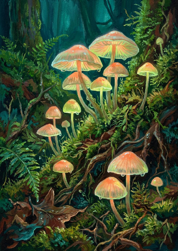 Detaljerad gouachemålning: lysande neonorange och chartreuse svampar på mossig skogsmark, djupgröna och bruna färger.
