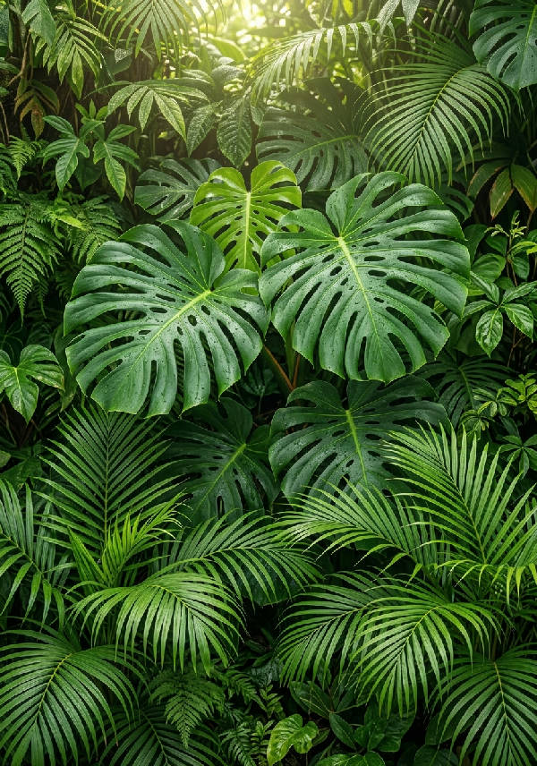 Närbild av frodiga palm- och monsterablad med daggdroppar och solljus, levande grön färg