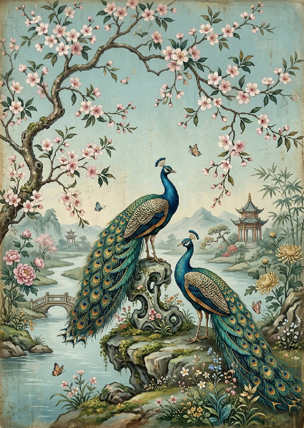 Detaljerad vintage Chinoiserie konst med två graciösa påfåglar bland blommande körsbärsträd och lummiga gröna blad, i porträttformat.