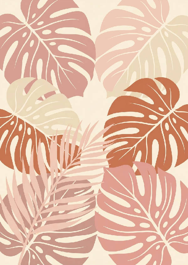Närbild av ett boho-inspirerat blad i dämpade rosa och varma lerfärger med mjuka texturer och mönster
