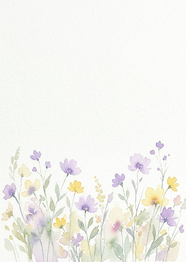Vertikal akvarellmålning föreställande en skir äng full av lila vilda blommor och gräs i solljus.