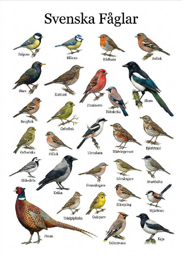 Detaljerad zoologisk illustration av över 25 svenska fåglar, namngivna, på en ren vit bakgrund
