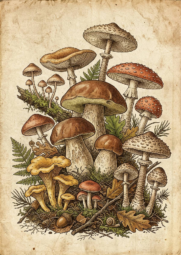 Detaljerad vintage botanisk illustration av olika svampar med jordnära bruna och dämpade gröna nyanser.