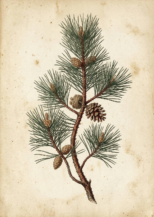 Detaljerad botanisk illustration av en vintage tallkvist med bruna barr och små kottar i porträttformat.