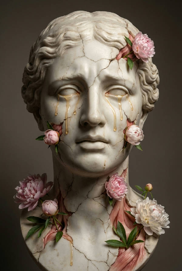 Närbild på en marmorbyst av en kvinna som spricker och förvandlas till blommande blommor med tårar av flytande guld rinande nerför kinderna, belyst av mjukt dramatiskt studioljus.