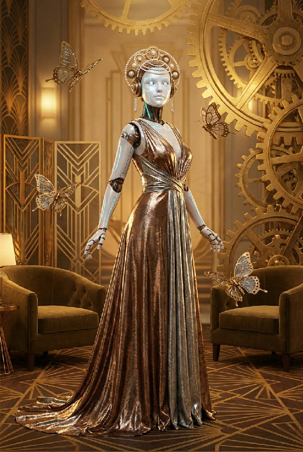 Vintage futuristisk robot i en Art Deco-salong, klädd i metallisk klänning med pärlor och glödande neonkretsar, med mekaniska fjärilar och stora kugghjul i guldtoner.
