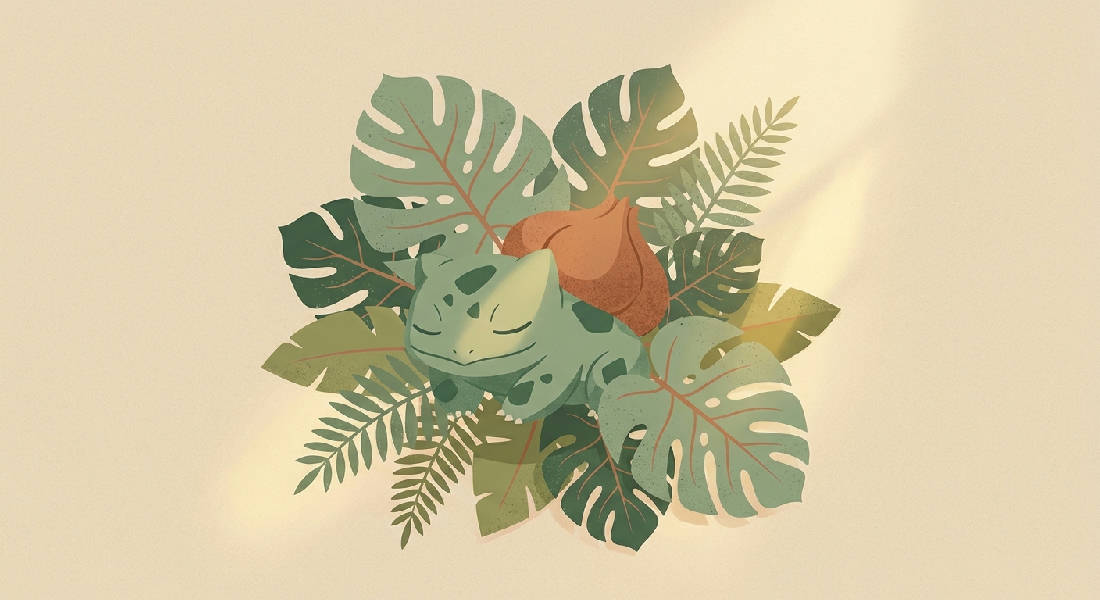 Stiliserad Bulbasaur vilar fridfullt bland stora dova gröna Monstera- och ormbunksblad i platt vektorstil. Mjuk beige bakgrund.