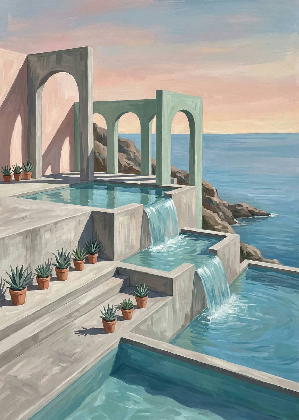 Gouache-målning av en brutalistisk betongpool som kaskaderar ner i ett turkost hav med skarpa sommarskuggor och agaveväxter.