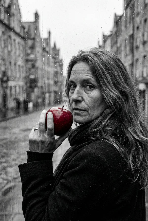 Fotorealistiskt porträtt av kvinna i svartvitt hållandes ett rött äpple, tittandes över axeln mot kameran