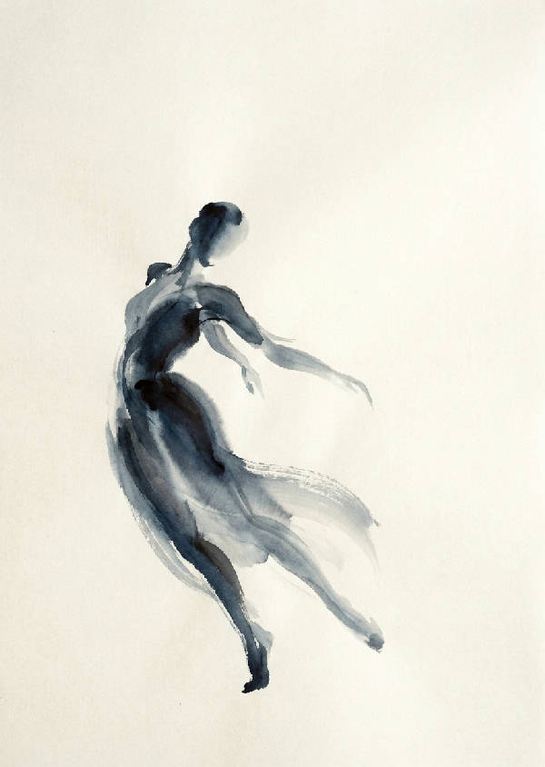 Minimalistisk ink wash målning av abstrakt mänsklig figur i flytande rörelse. Uttrycksfulla penseldrag, djup indigo och kolgrått.