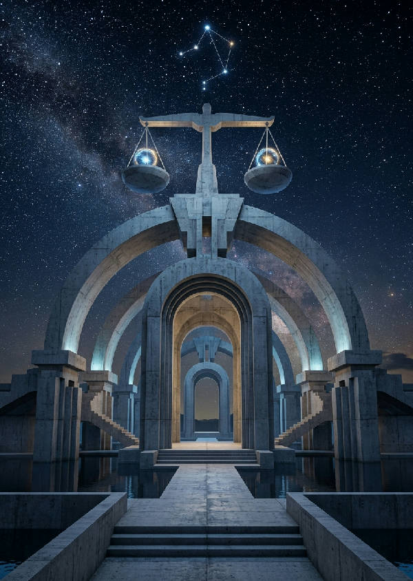 Vertikalt format av symmetriska arkitektoniska valv som sträcker sig mot en djupblå natthimmel fylld med glittrande stjärnor och kosmiska nebulosor.