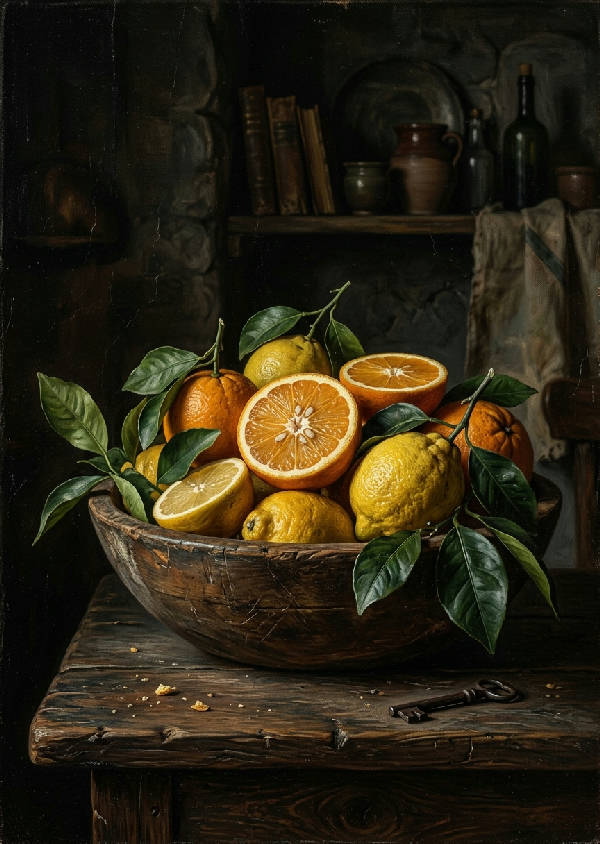 Vintage oljemålning av citroner arrangerade i en rustik träskål, avbildad i ett mörkt och stämningsfullt ljus.