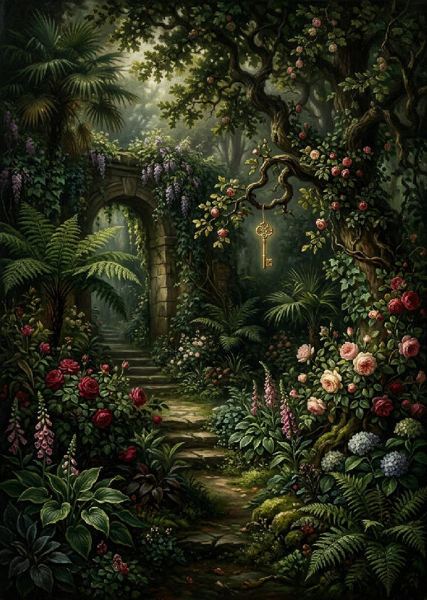 En frodig, igenvuxen botanisk trädgård i vintagestil i porträttformat med gamla stenstrukturer och en diskret dold nyckel