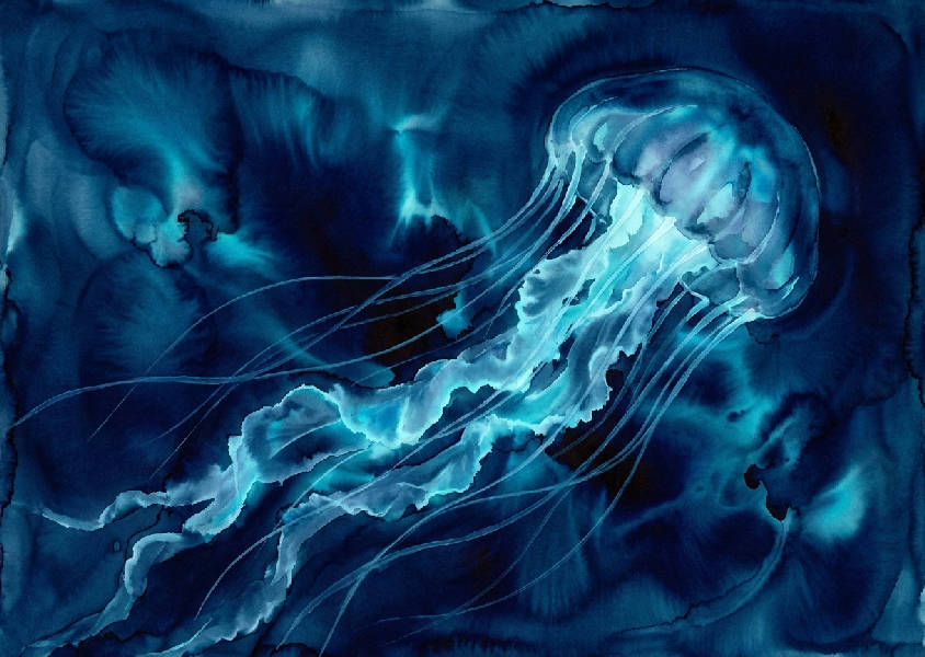 Eterisk djuphavsmedusa med långa, flytande tentakler i bläcktvätt. Bioluminescerande ljus i indigo, cyan och marinblått. Vertikal komposition.