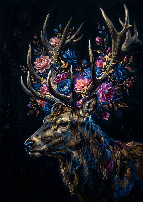 Oljemålning av ett magnifikt hjorthuvud i profil med stora horn prydda med glödande rosa och safirblå blommor framför en becksvart bakgrund. Synliga penseldrag och högkontrast chiaroscuro-belysning.