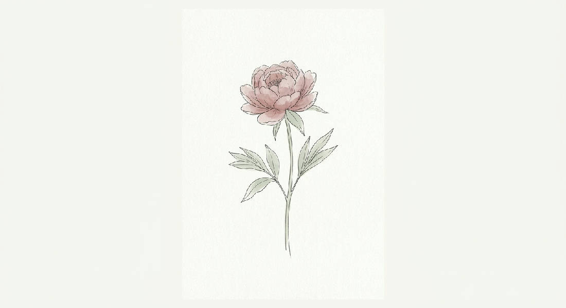 Minimalistisk botanisk illustration av en blommande pion i mjukt rosa och salviagrönt på elfenbensvit bakgrund.