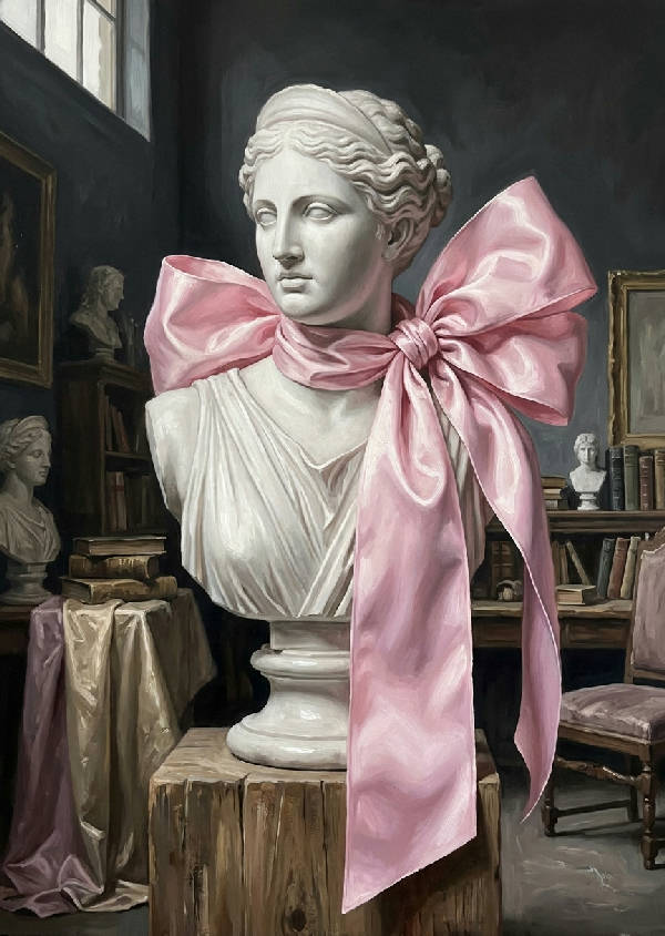 Klassisk oljemålning föreställande en vit romersk marmorbyst insvept i ett stort rosa sidenband med en rosett mot en mörk, stämningsfull bakgrund med chiaroscuro-belysning.