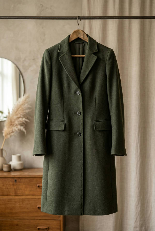 Konsttryck föreställande en elegant grön kappa hängande, med skarpa, rena modelinjer.