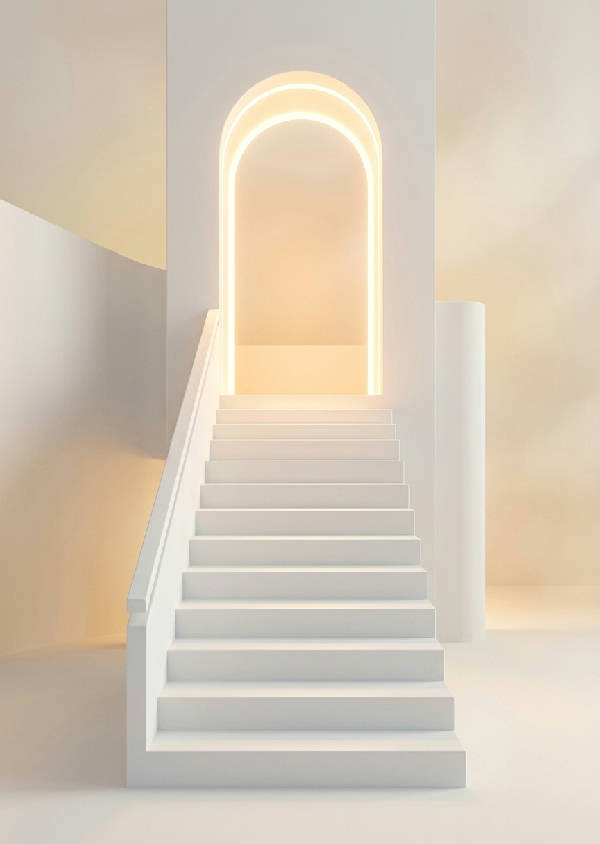 En minimalistisk trappa med rena, uppåtgående linjer som symboliserar progression och framgång. Ljus och modern estetik.
