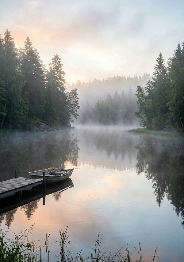 Dimhöljd sjö i soluppgången med lugnt, reflekterande vatten och mjuk dimma som stiger över ytan, naturfotografi