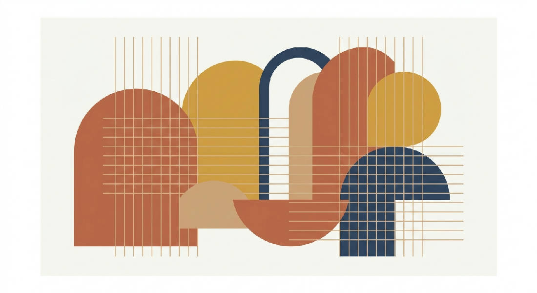 Abstrakt geometrisk komposition med bågar, halvcirklar, rutnät. Terrakotta, senapsgul, marinblå, beige. Minimalistisk skandinavisk stil.