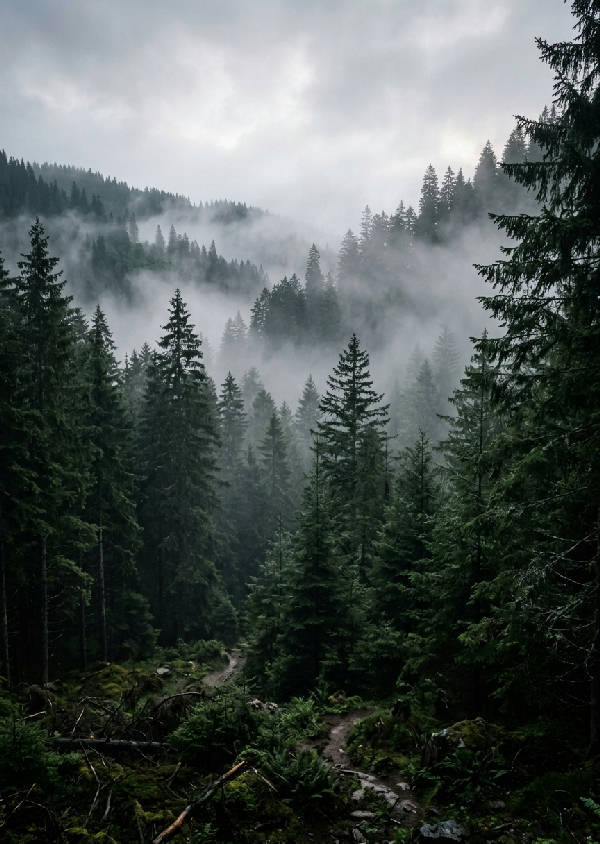 Vertikal bild av en tät granskog insvept i tjock dimma, med höga trädstammar och frodiga gröna barr.