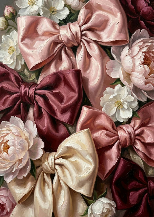 Detaljerad oljemålning i rococo-stil med jättelika, överdådiga sidenbågar sammanflätade med bleka pioner. Rosa, pärlvit och vinröd palett.