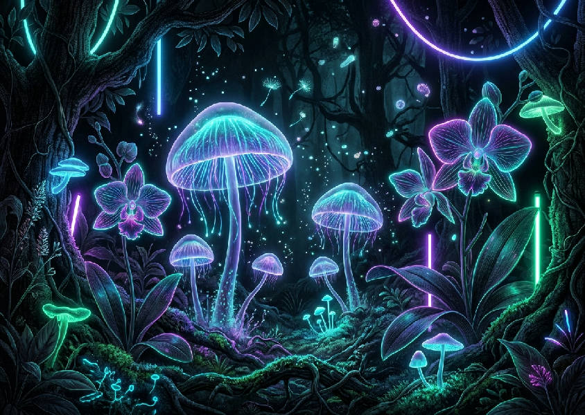 Täta bioluminescerande nattblommor, lysande svampar och främmande orkidéer i mörk mystisk skog. Neon cyan, djup violett och midnattsvart palett med glödande sporer.