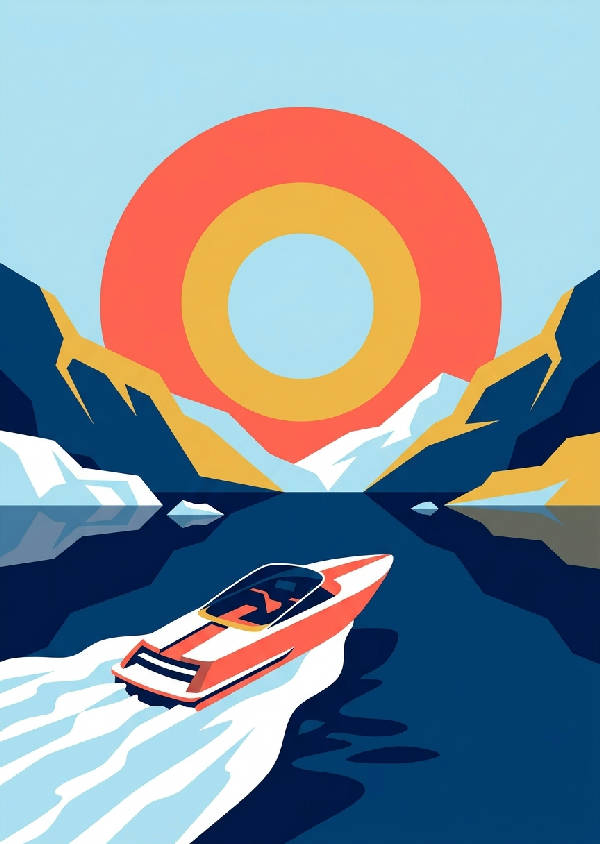 Minimalistisk vektorillustration av en elegant elbåt som färdas genom en djupblå fjord i solnedgången