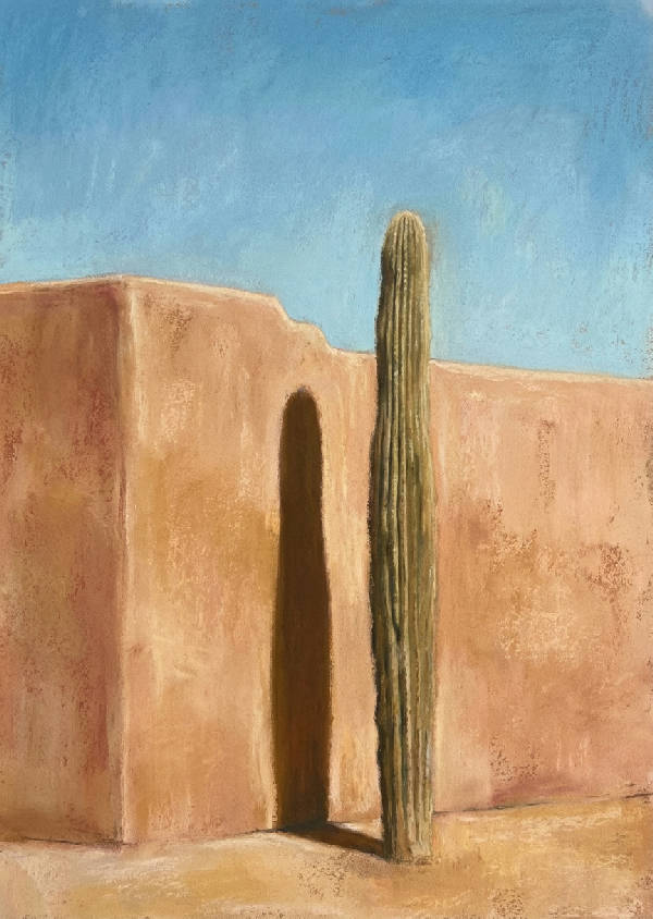 Mjuk pastellteckning av minimalistisk solbakad stucco vägg med en hög saguaro kaktus som kastar skarp skugga.