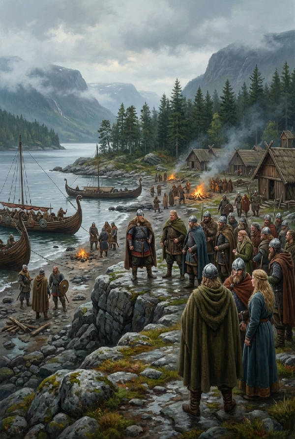 Fotorealistiskt porträtt av mäktiga vikingar i full mundering, stående i ett frodigt grönskande svenskt landskap med träd och berg i bakgrunden