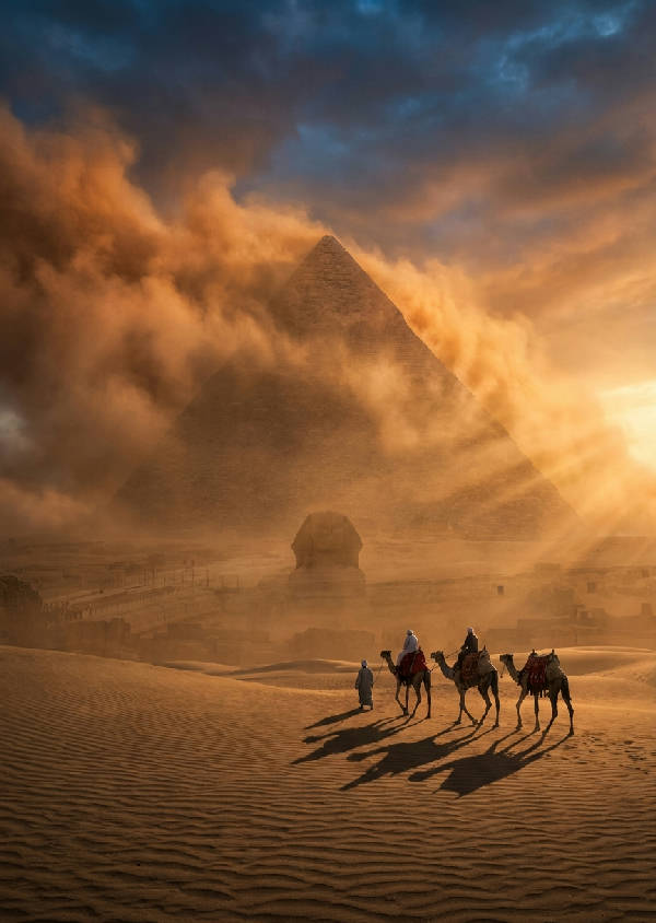 Hyperrealistiskt fotografi av Giza-pyramiden i skymningen med en annalkande sandstorm som kastar gyllene ljusstrålar genom virvlande orange dammmoln och en liten kamelkaravan i förgrunden.