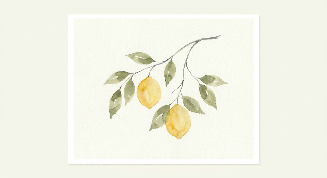 Minimalistisk akvarellmålning av en citronkvist. Två gula citroner och eleganta olivgröna blad mot en krämvit bakgrund.