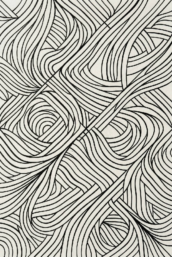 Abstrakt poster med svarta flödande linjer i geometriska mönster på en ljus bakgrund, stående orientering