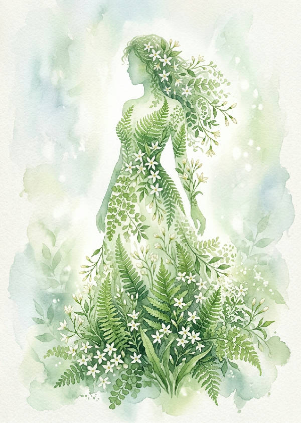 Detaljerad akvarellmålning av ett grönt jungfruhår med skira blad mot en ljus bakgrund, botanisk illustration.