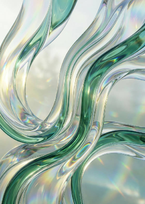 3D-render av abstrakt solarpunk glaskulptur. Vågiga krom- och jadegröna band reflekterar ljus. Organiska kurvor mot mjuk morgonljusbakgrund.