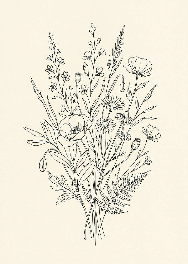 Vertikal svart linjekonst av flera vilda blommor med tunna stjälkar och detaljerade kronblad på en vit bakgrund.