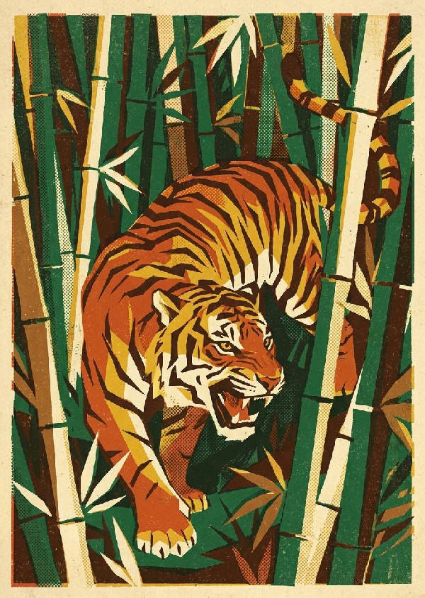 Stiliserad tigerillustration i geometrisk bambuskog. Vintage skärmtryck med halftoner. Bränd orange, senapsgul, skogsgrön färgpalett.