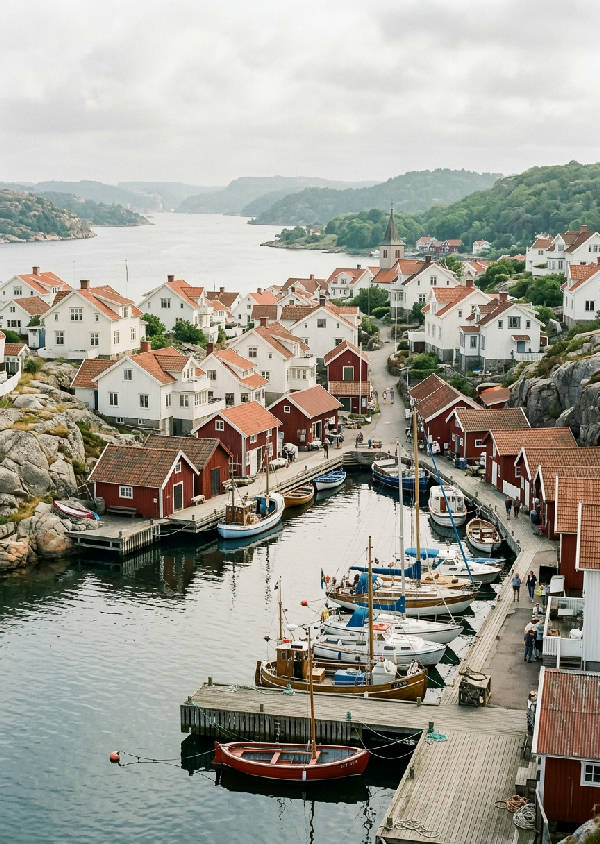 Mjukfokuserad 35mm filmfotografi av Fiskebäckskils hamn med vita trähus och röda sjöbodar vid vattnet i disigt ljus.