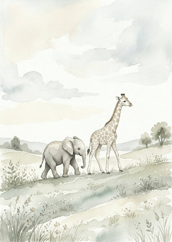 Mjuk akvarell av safaridjur; giraff, elefant, lejon. Skandinavisk stil med gröna löv och lugna färger, perfekt för barnrummet.
