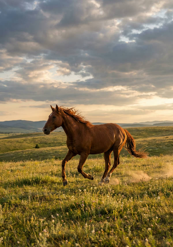 Fotorealistisk bild av en vildhäst i full galopp över ett stort, öppet gräslandskap under dagtid.